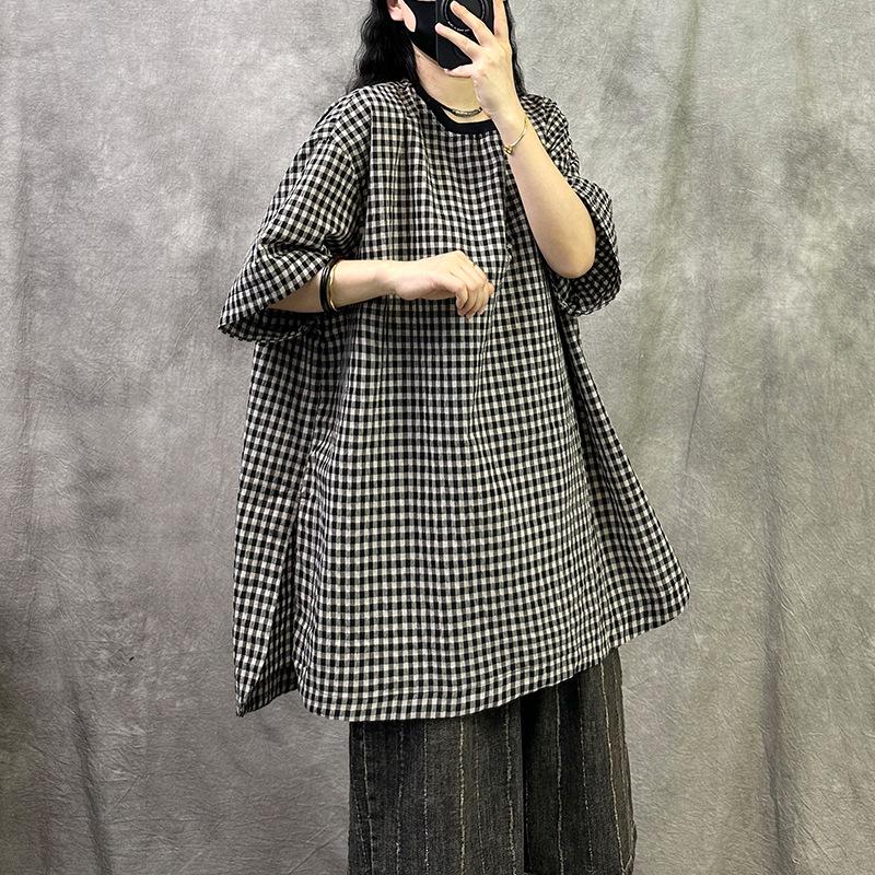

Women s Plaid Cotton Linen Loose Plus Size T-shirt - High-End Feel, Summer 2025 Collection XL