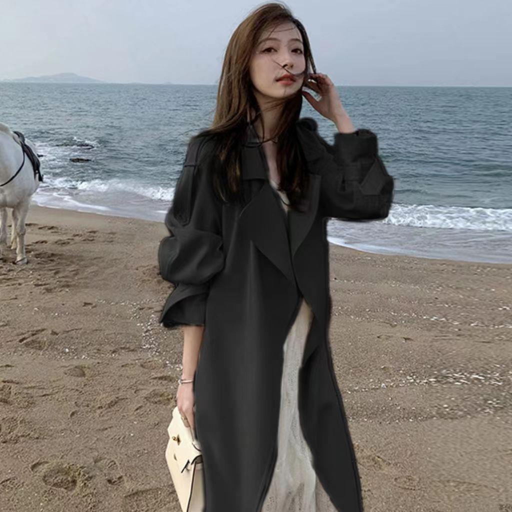 2026 Korean Style Long Drape Trench Coat - Elegant White for Spring & Autumn