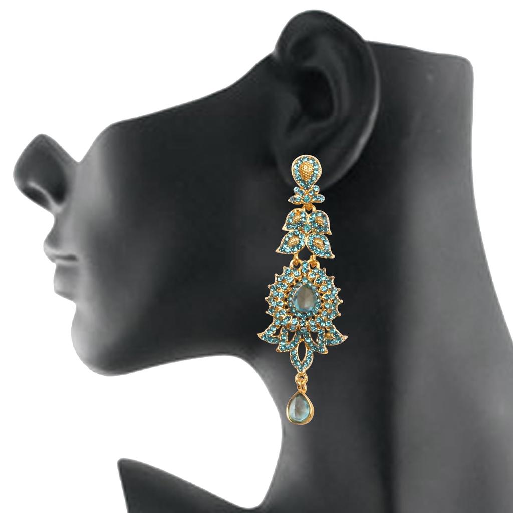 Touchstone Indian Bollywood Glamorous Handmade Contemporary Designer Jewelry Long Chandelier Earrings Rhinestone Crystal Gold Silver Tone Turquoise