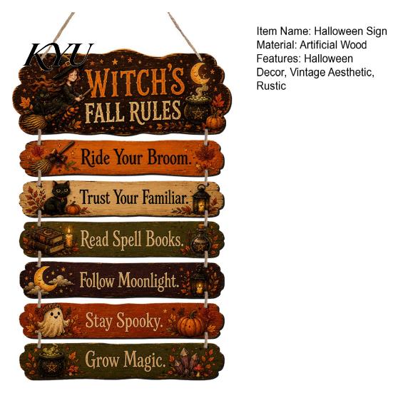 Hanging Wooden Plaque Witch's Fall Rules Sign, Vintage Halloween Wood Wall Rustic Style Art Farmhouse for Outdoor Porch Yard, Home Decor Black