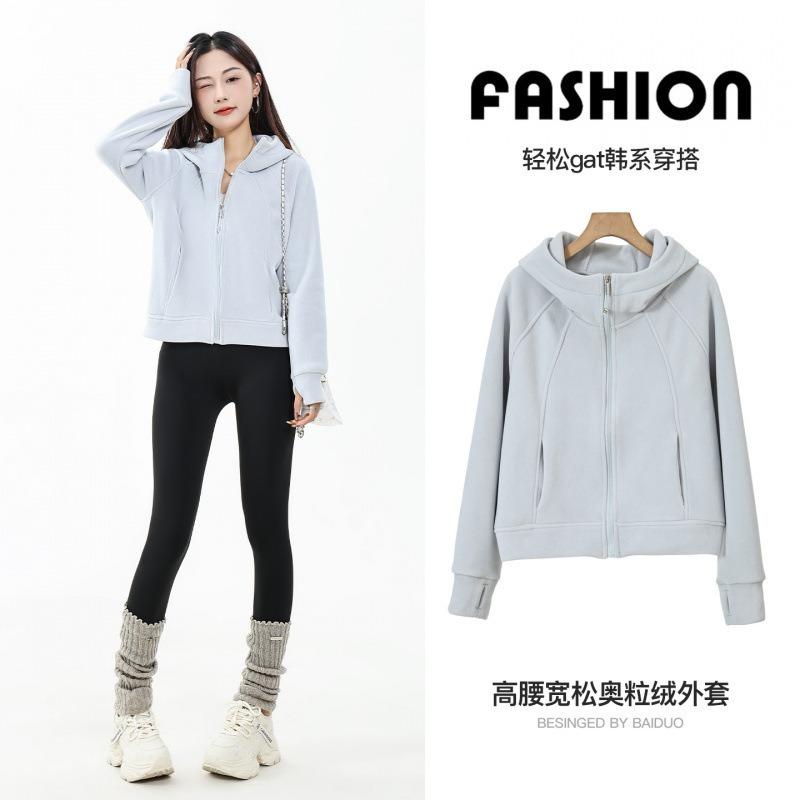 Fleece short hooded sweater women, autumn and winter casual sports cardigan jacket