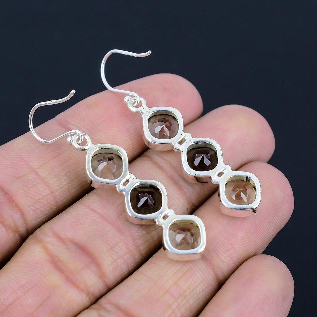 Natural Smoky Quartz & Green Amethyst Gemstone Earrings, 925 Sterling Silver, Handmade Drop Dangle Earrings Jewelry Gift For Valentine's Day