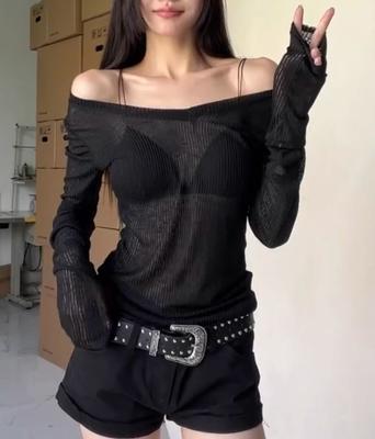 Síťovina Dlouhý rukáv Ženy Černá trička Vintage Streetwear Neformální Slim Up Pevné topy Spodní košile