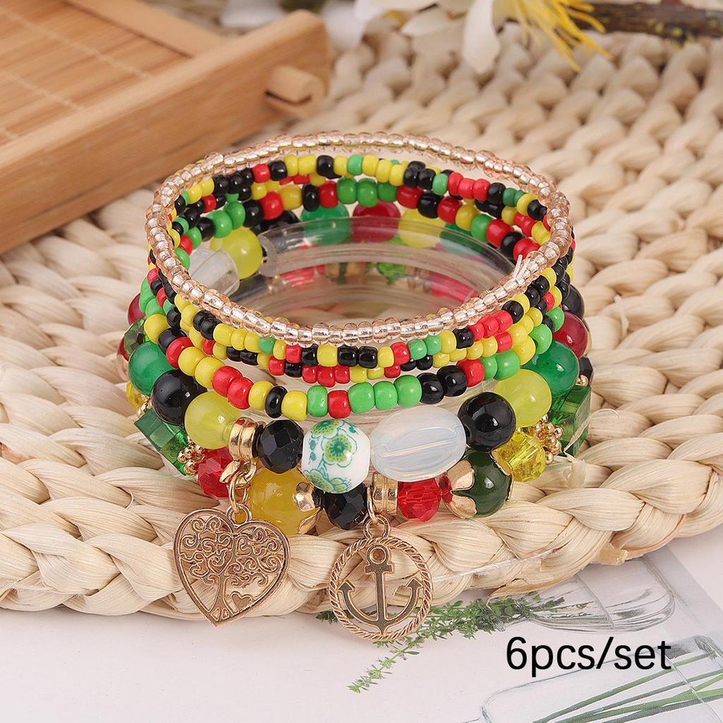 Bohemian Exquisite Beaded Bracelet with Heart, Tree of Life & Anchor Pendants