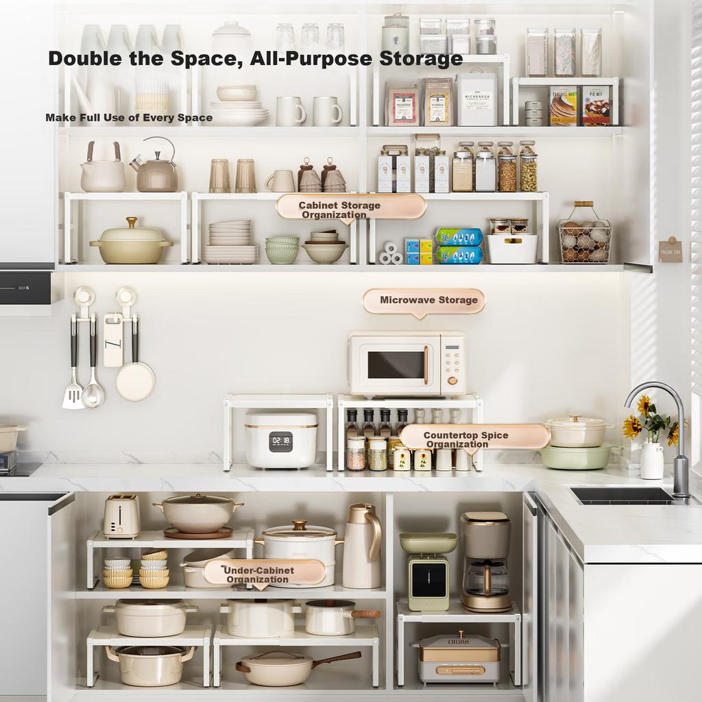 Jiabaili Étagère de Rangement de Cuisine Réglable Étagère d'Armoire de Comptoir Étagère à Plusieurs Niveaux Organisateur d'Épices Support pour Casseroles Petite Étagère de Bureau
