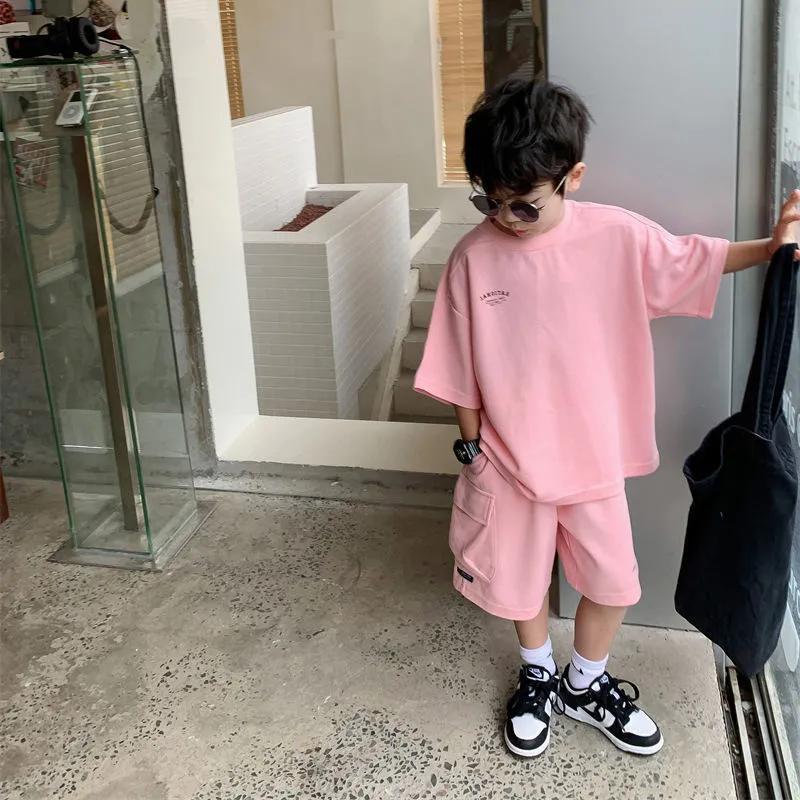 Summer Children 2-Piece Outfit Suit Casual Boys' Cotton Loose Alphabet T-shirt Tops+Short Pants Set School Kids Tracksuit