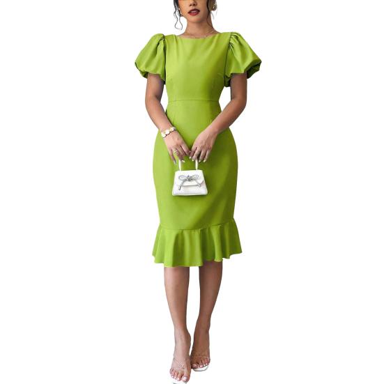 Women's Short Puff Sleeve Bodycon Dresses Crew Neck Ruffle Mermaid Hem Dress Cocktail Wedding