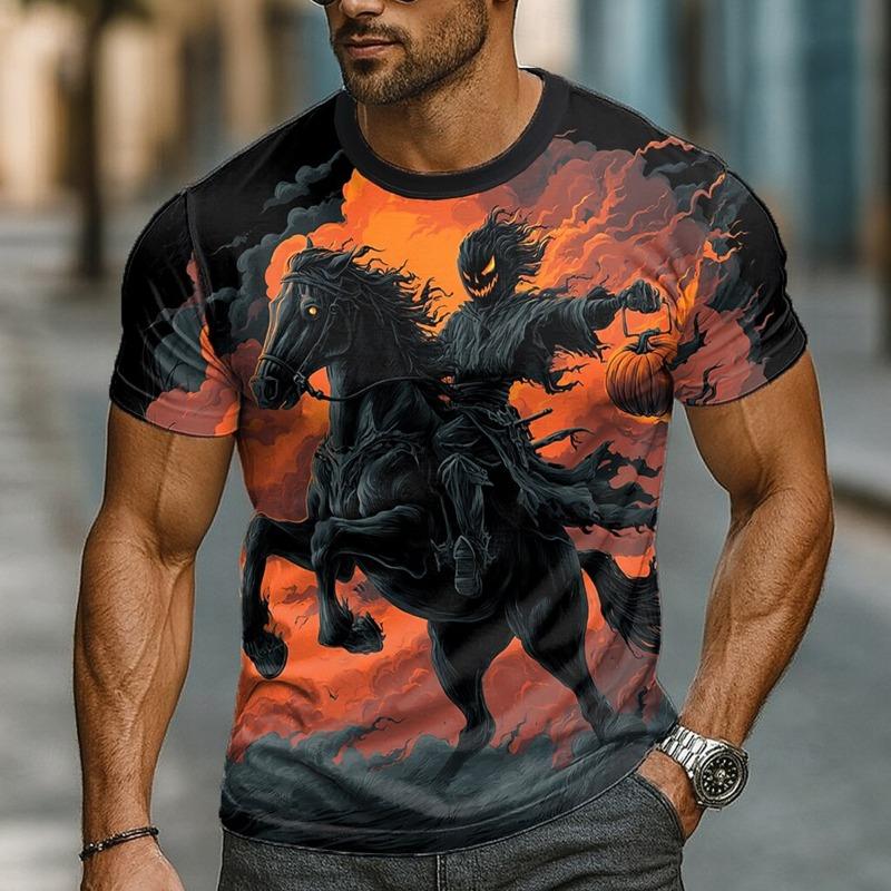 Men's Summer New 3D Skull T-shirt Retro Two Color Printed Round Neck Short Sleeve Fashion