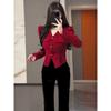 French Red Bubble Sleeve Knit Top - 2025 Autumn/Winter Slim Fit Women's Base Layer