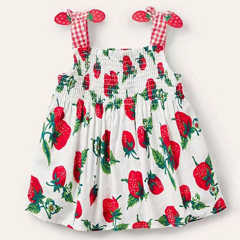 

Foreign Trade Strawberry Slip Dress Cotton Bow Children s Clothing White 6t /130 Size Recommended Height 120-130cm