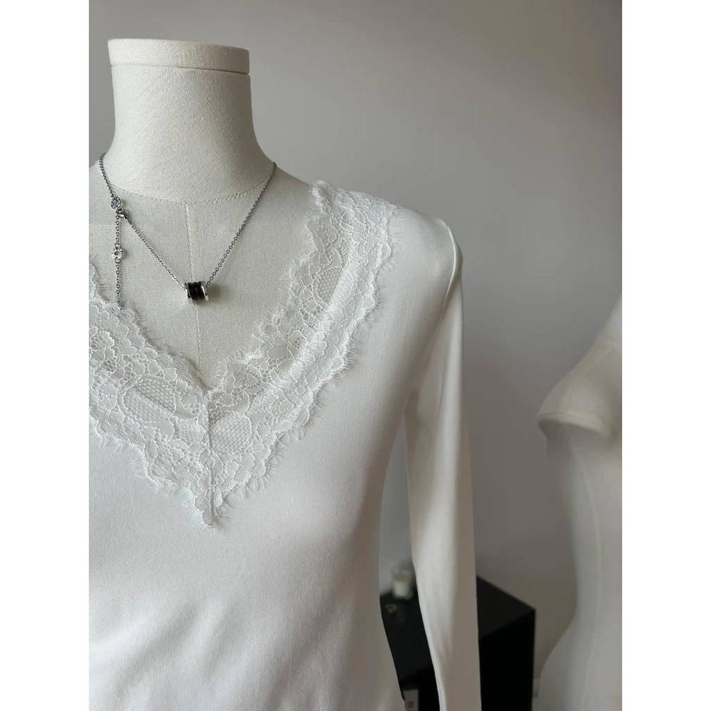 Chic European Lace Patchwork V-Neck Long Sleeve Top for Women - Autumn/Winter Basic & Sexy Style