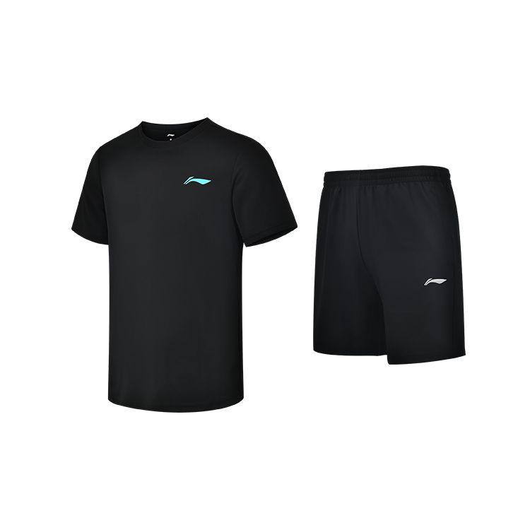 Li-Ning Solid Color Breathable Training Sports Short Sleeve T-Shirt And Shorts Set Men sets Black AHST347-1+AKSS437-1