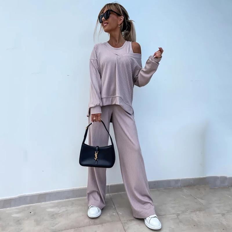 2026 New Women's Solid Color V-Neck Long Sleeve Vest Top with Casual Pants 3-Piece Outfit Set