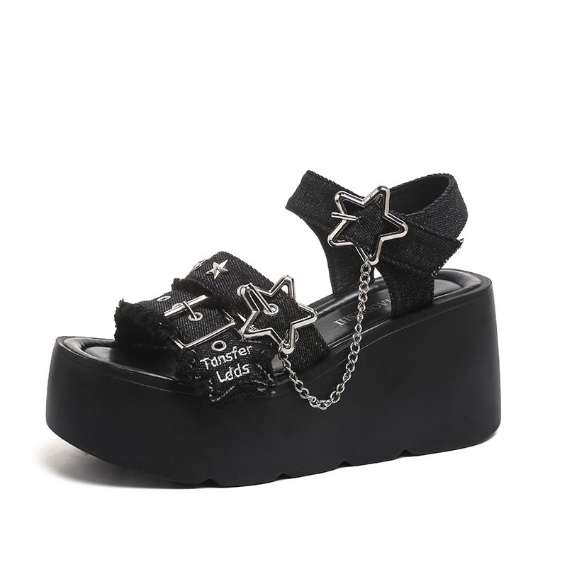 Fashion 9CM Punk Gothic Platform Canvas Shoes Open Toe Buckle Strappy Summer Sexy Rivets Thick Heels Footwear Gladiator Sandals Women