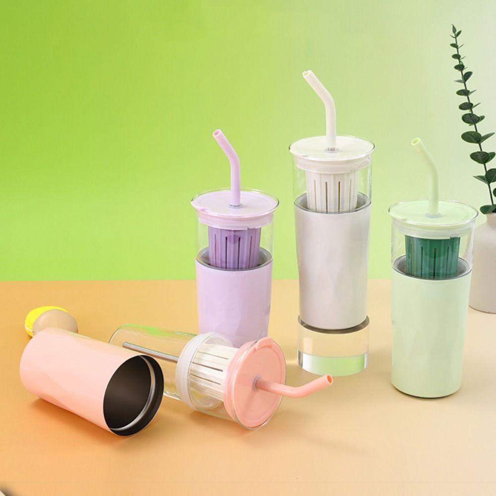 2 Layer 2 in1 Cooling Storage Glass 650ML Vacuum Mug Portable Straw Cup  Drinkware