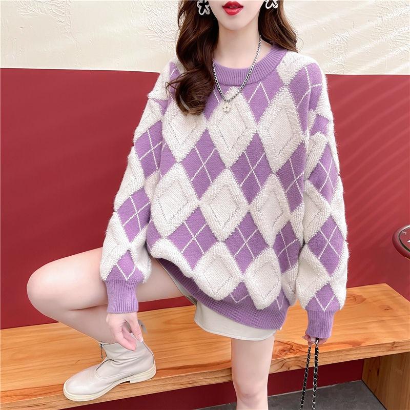 Rhombus Sweater Women's Purple Autumn and Winter Wear New Red Knitted Loose Top Crew Neck Bottoming Shirt