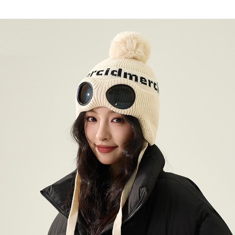 

Зимний пуловер-шапка с очками, вязаная шапка, бархатная лыжная шапка, теплая, непродуваемая, с защитой ушей, шапка-ушанка бежевый