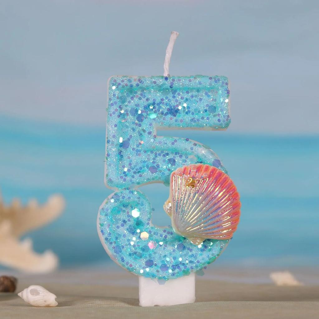 Ocean Mermaid Cake Number Candles 0-9 Blue Cake Topper with Sequins Girls Birthday Party Cake Decoration Supplies Boy Shell Gift