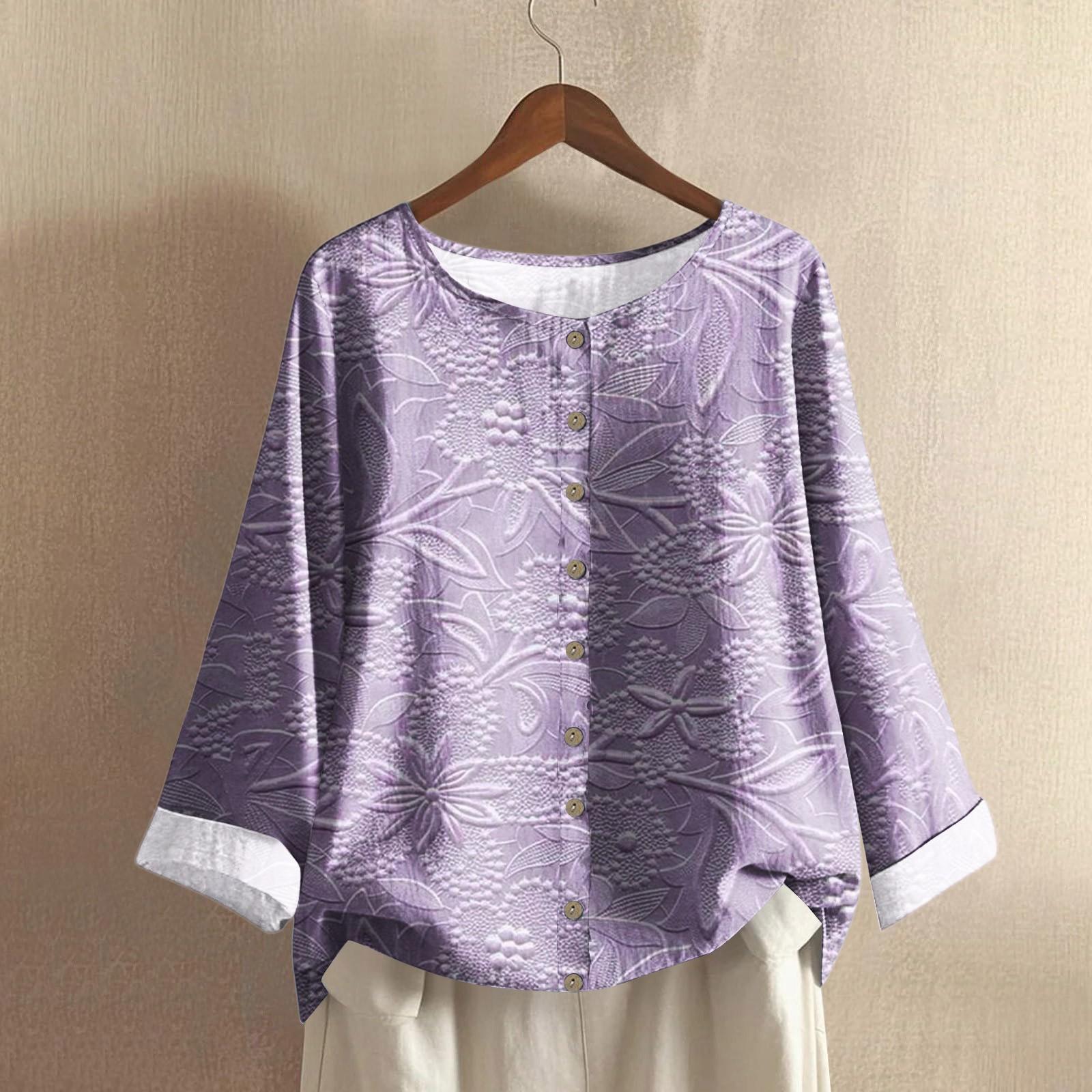 

Жіноча Модна І Повсякденна Сорочка З Довгим Рукавом Круглим Вирізом З Принтом Бавовняна Та Лляна Блузка Топ S фіолетовий