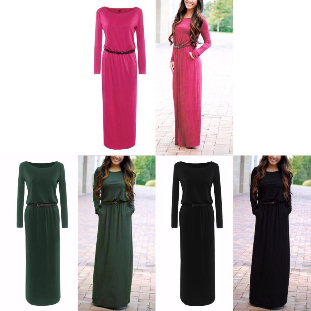 Casual Fashion Women Long Sleeve Belted Party Evening Cocktail Long Dress Maxi