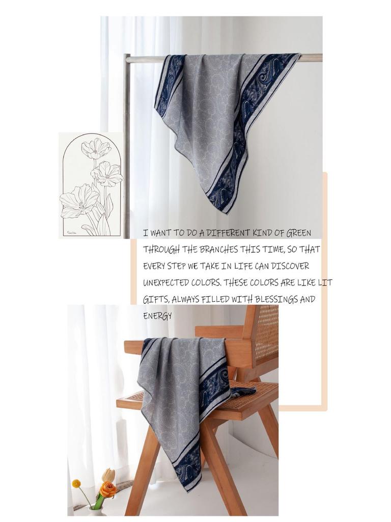High-End Chinese Blue Silk & Wool Scarf with Celadon Print - Hand-Rolled, Square Neck Tie & Shawl
