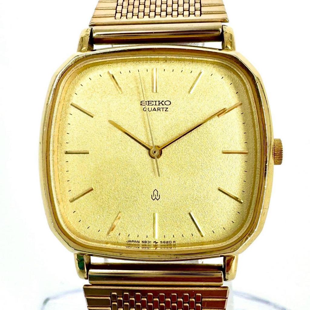 [USED] Rare Battery SEIKO Chariot Gold Strap Square Watch