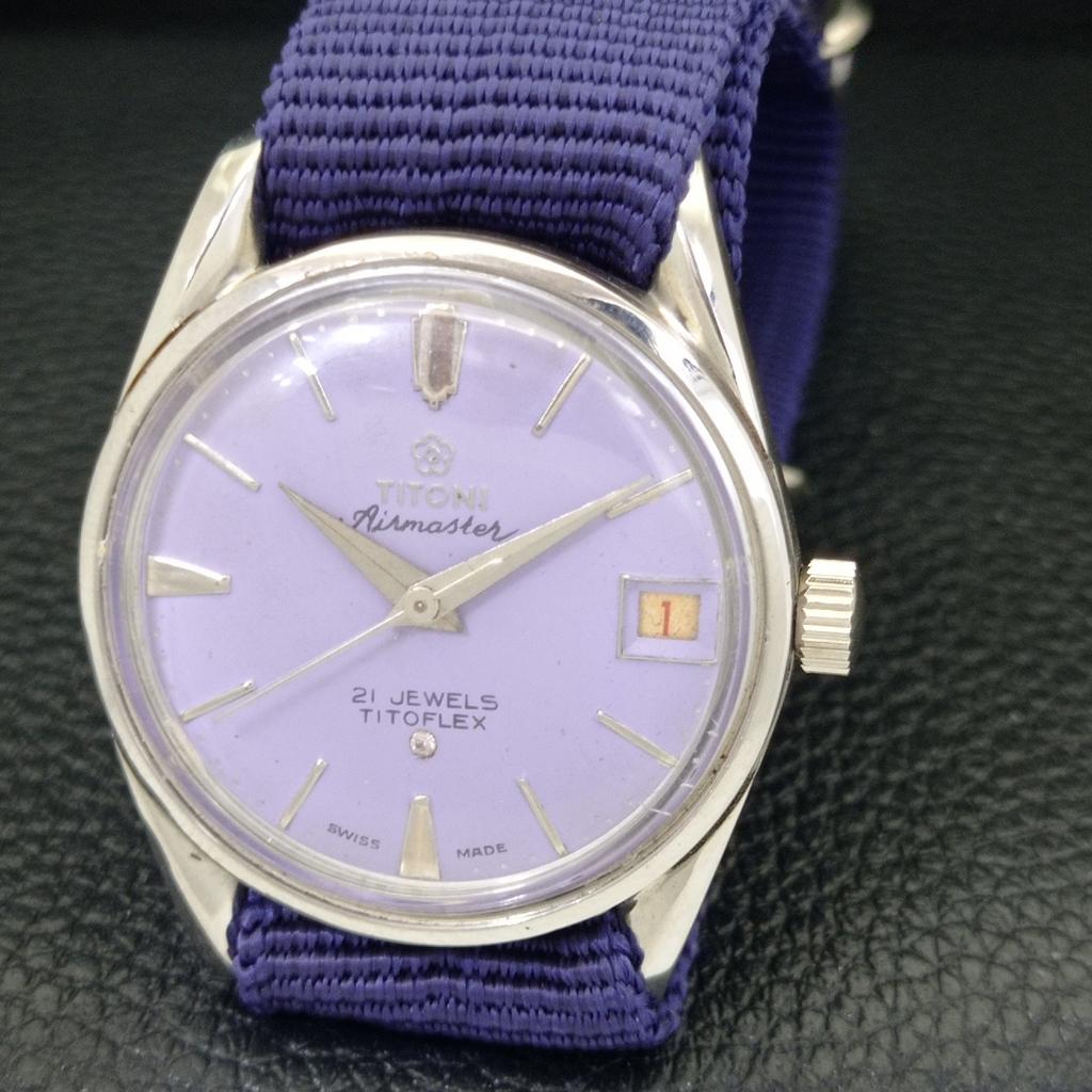 VINTAGE TITONI AIRMASTER TITOFLEX HAND-WINDING SWISS MENS PURPLE WATCH a702035-5