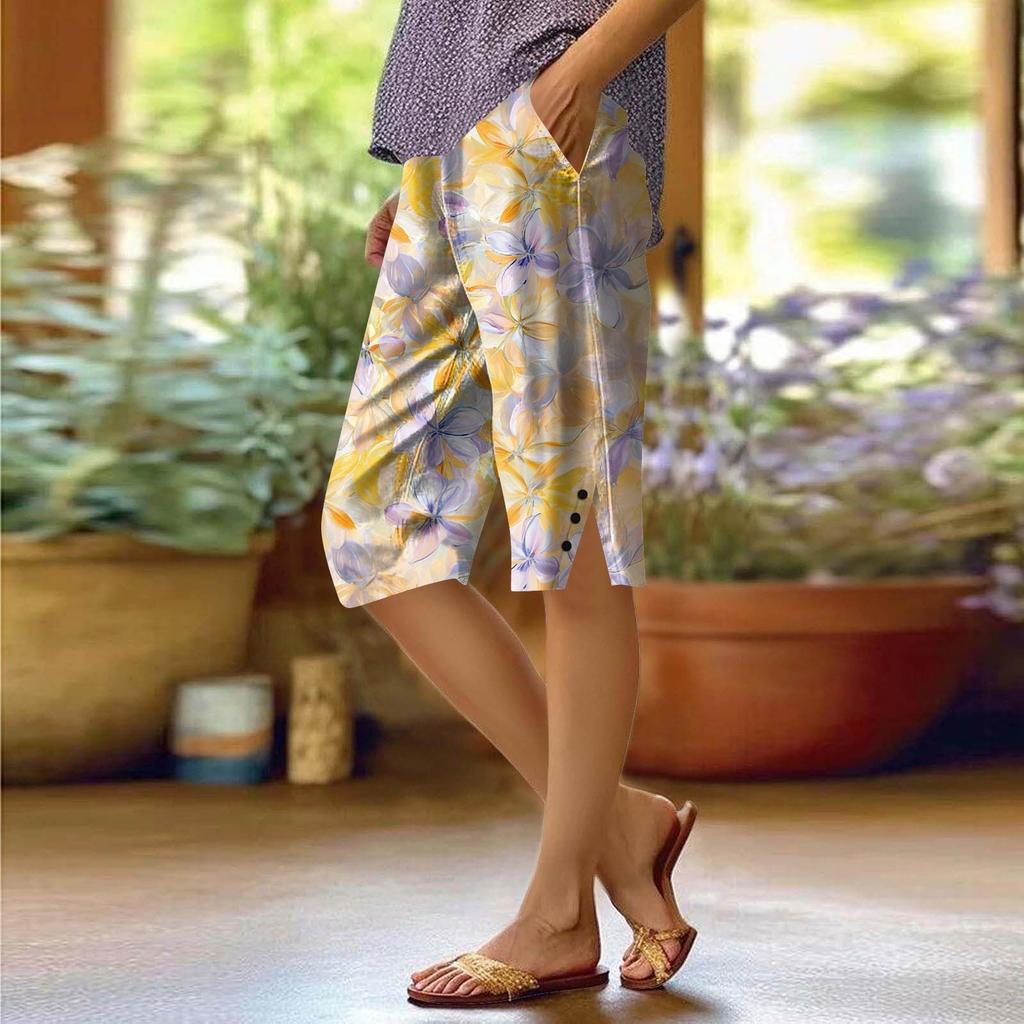 Dámské potištěné kalhoty Módní kapsa Elastický pas Ležérní šortky