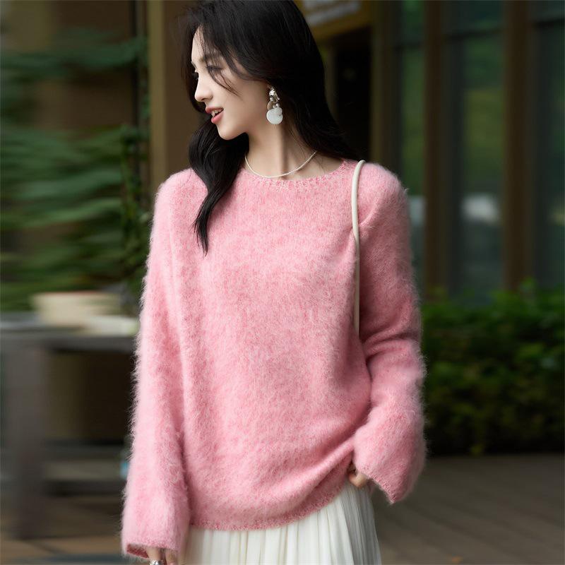 Premium French Wool Long-Haired Plush Round Neck Sweater for Women - Cozy Autumn/Winter Casual Style.