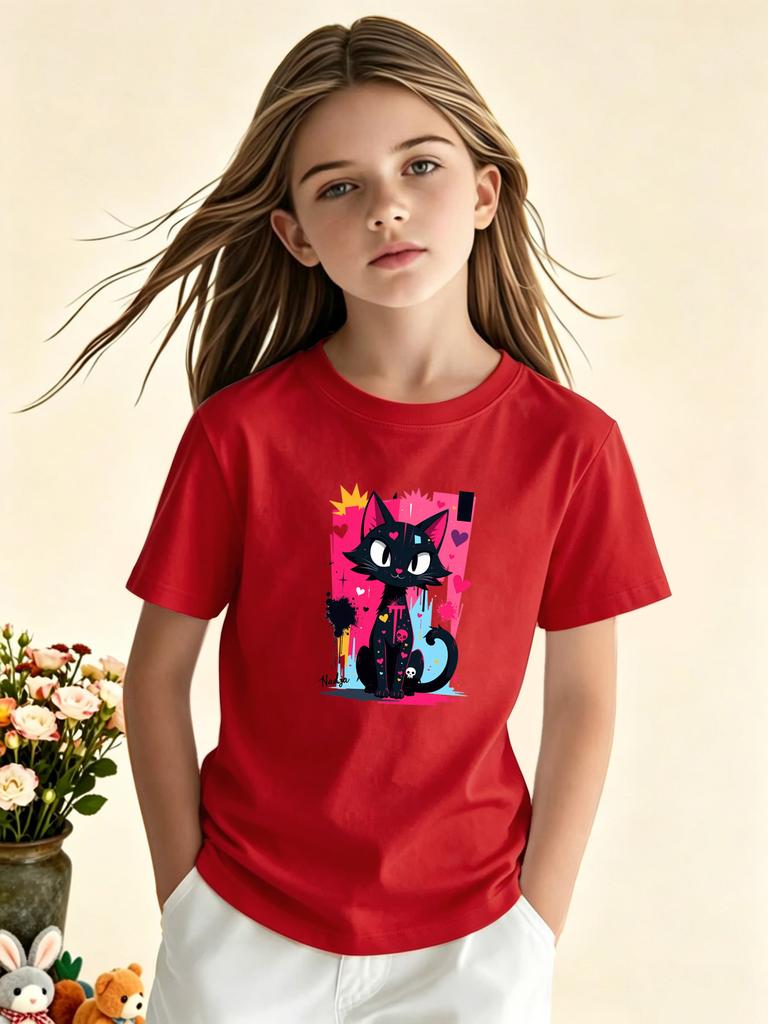 European Sizes Girls' Casual Trendy Short Sleeve Round Neck T-Shirt, Fashionable Individual Trendy Print T-Shirt Versatile, Comfortable Fabric