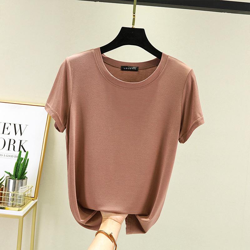 Women's Crew Neck Short Sleeve T-Shirt Regular Fit High Stretch Modal Fabric Solid Color Summer Casual Layering Basic Top