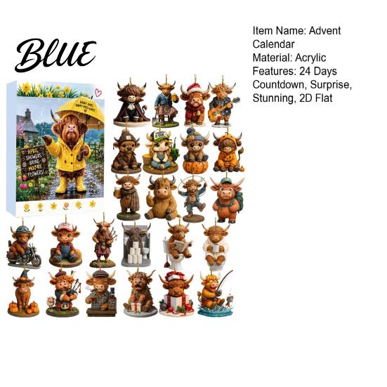 Highland Cow Theme Acrylic Decorative 2026 Calendar Advent Christmas Collection 2D Flat Pendants Ornaments 24 Days Countdown Gift for