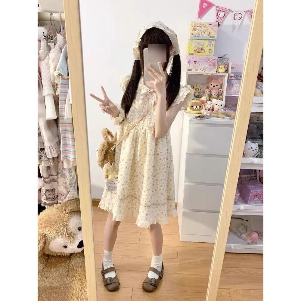 Japanese sweet and cute little flying sleeve floral dress, summer art raw milk whoo, small princess short skirt