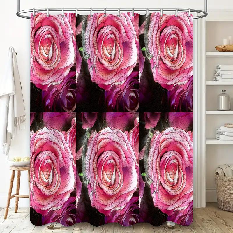 Luxurious Pink Rose Bath Shower Curtain Set 3D Printed Floral Decor for Bathroom, Waterproof Fabric Perfect Gift (Set of 6 Panel