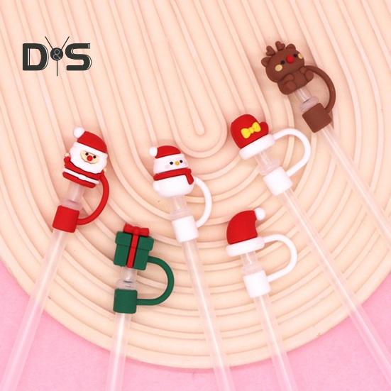 2Pcs Christmas Silicone Straw Cap 10mm Reusable Dust-Proof Straw Topper for Cup Party Decor Santa Claus Snowman Elk Christmas Tree Bells Straw Tips