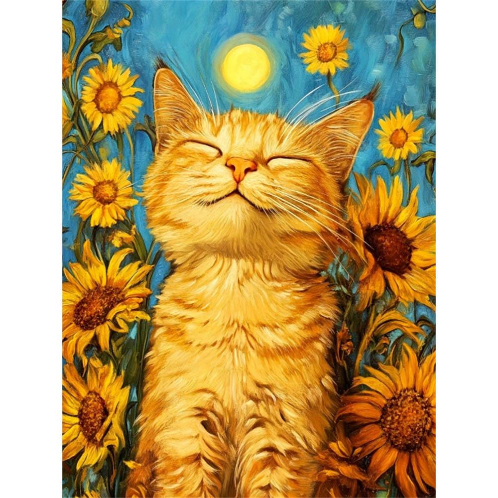 

Sunflower Kitten Diamond Art Piece Set, 5D DIY Full Square Diamond Dot Gemstone Crystal Craft Decoration Home Wall Mural Round 20x30cm