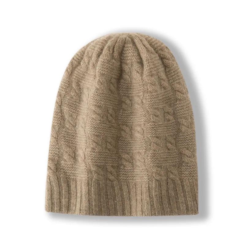 Women 100% Pure Cashmere Beanie Hat Cable Knit Fuzzy Texture Winter Warm Soft Slouchy Skullies Cap Cold Weather Accessory