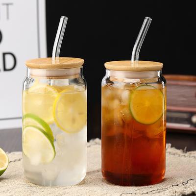 550ml Glasbecher mit Holzdeckel und Strohhalm Reise Transparent Bubble Tea Becher Milch Bierdose Cocktailbecher Getränkeglas