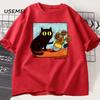 Van Gogh Cat Graphic T Shirts Men Women Flower Black Cat T-shirt Round Neck Cotton Short Sleeve Trendy Tee Shirt Streetwear