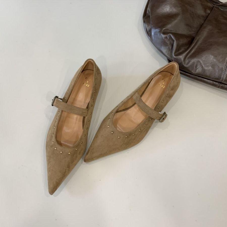 French Beautiful Rivet One-word Buckle with Flat Heel Shallow Mouth Single Shoes Autumn Late Evening Temperament Elegant Mary Jane Shoes