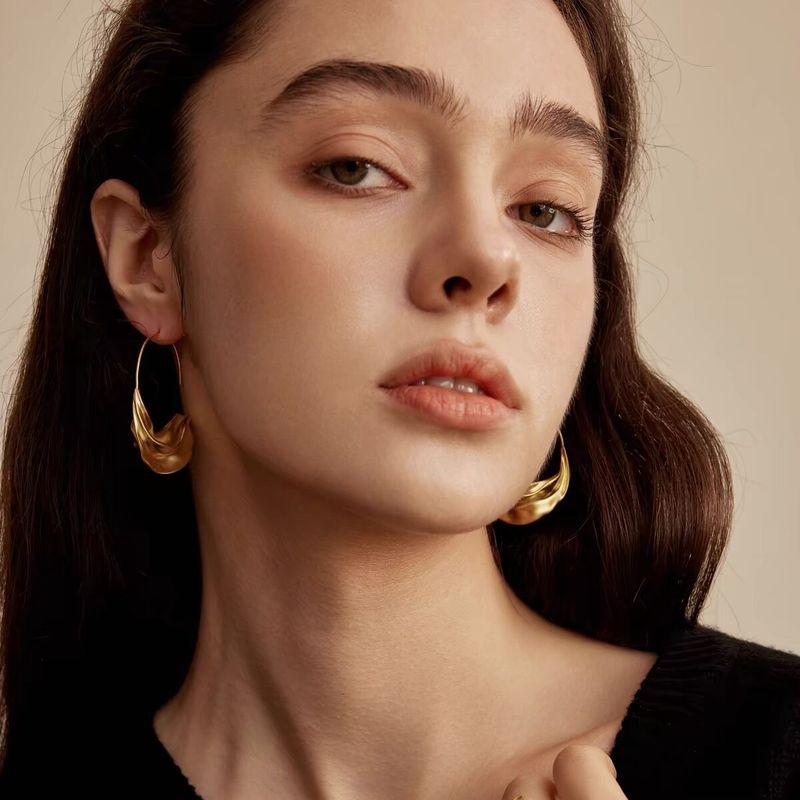 Women's Copper Sandblast 14K Gold Semi-Arc Three-Dimensional Earrings Big Ear Ring Special-Interest Design Fancy Fashion Ear Hook