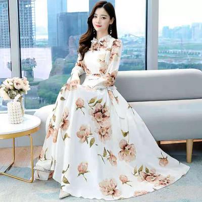 Vestido Maxi Feminino Temperamento Bainha Solta Cintura Apertada Estampa Floral Cadarço Vestido