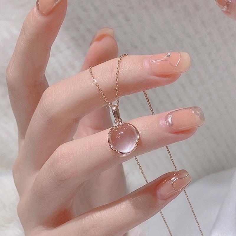 925 Silver Pink Chalcedony Pendant Necklace Korean Ins Style Summer 2023 Fashion Jewelry for Women