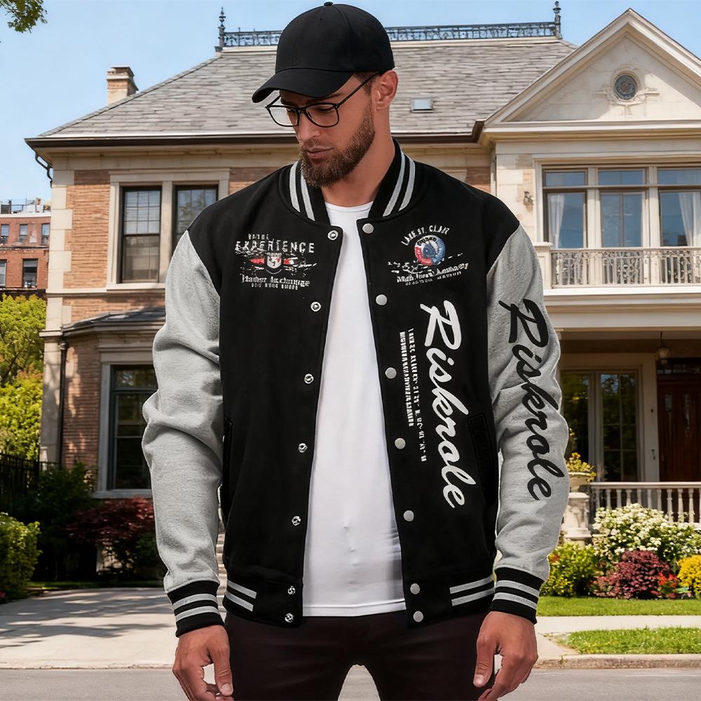 Men's Stand Collar Letter Print Baseball Cardigan Jacket