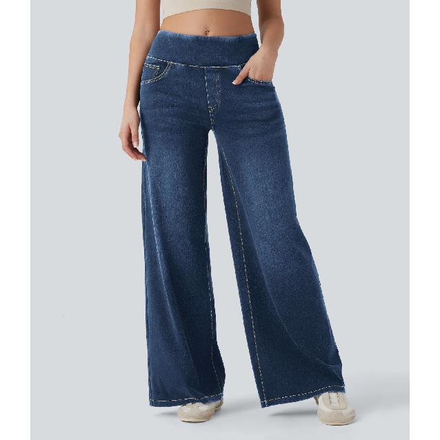 2026 Spring/Summer New High-Waisted Loose Elastic Slim-Fit Wide-Leg Women s Jeans S темно-синий