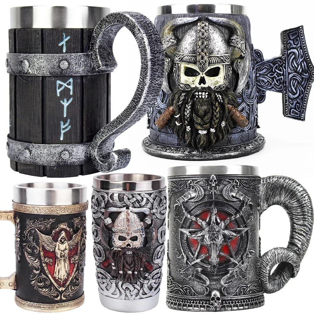600ML Viking Mug Collection 304 Stainless Steel Insert Resin Beer Danegeld Tankard Coffee Beer Mugs Cup Halloween Friends Gift