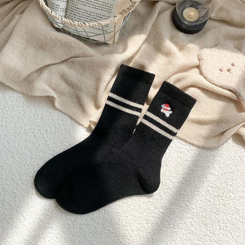 

Embroidery Beret Running Puppy Wool Socks Children Thickened Thermal Tube Socks Striped Stacking Socks One size чорний