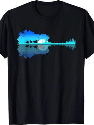 Creative Guitar Music-Inspired Lake Shadow Guitar Pattern T-Shirt Men's Sports Tee Comfortable And Versatile Suitable For Spring