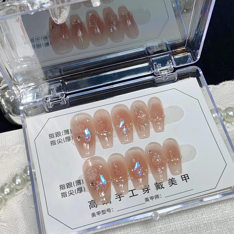 Wearable Handmade Aurora Diamond Camellia Nude False Nail Tips