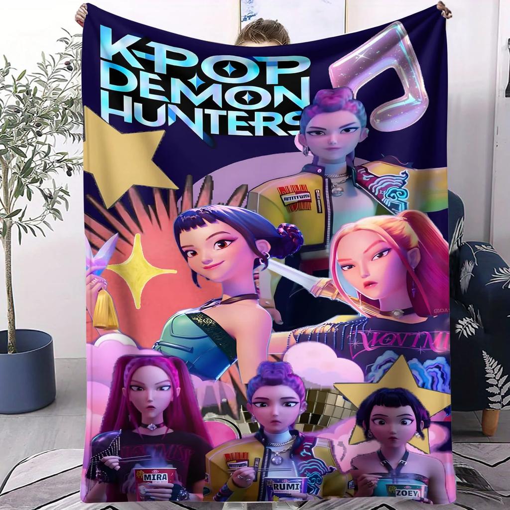 K-Pop Demon Hunters Huntrix Flannel Blanket Neon Warrior Girl Group Design Soft Throw for Bedroom Sofa Concert Fans Gift Teens